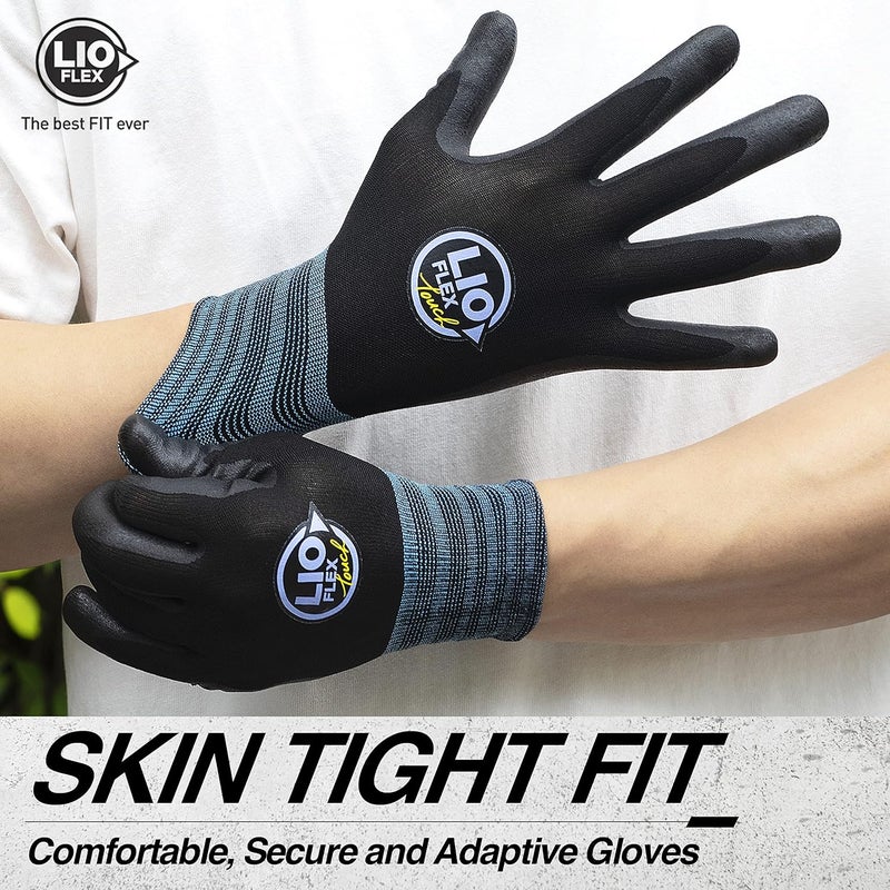 LIO FLEX Safety Work Gloves with Touchscreen Fingers, 1 Pair Thin & Lightweight Working Gloves, Ideal for Warehouse Workers, Delivery Drivers, Nitrile Foam Coated Grip Gloves for Women and Men (Black, S) - Image 2